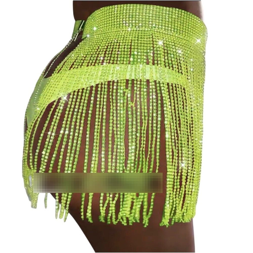 Womens Neon Lime Green Rhinestone Fringe Mini Skirt‎ Festival Clubwear